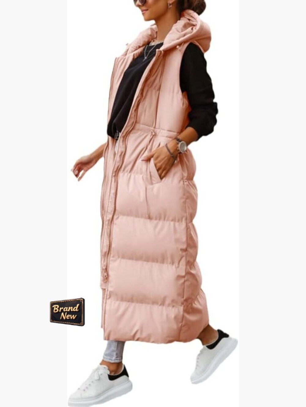 Long Quilted Hooded Puffer Vest - Sleeveless Maxi Length Winter Padded Coat